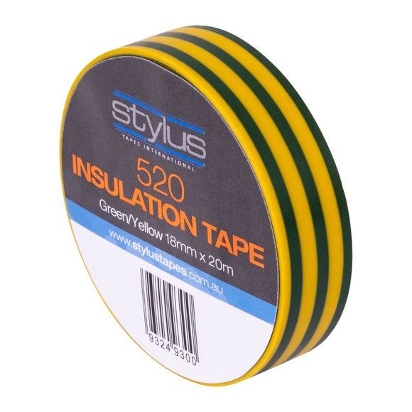 Stylus 520 Electrical Insulation Tape - 18MM X 20M - GN/YO Stripe - Pack and Stick