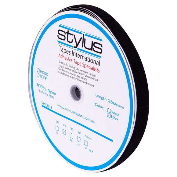 Stylus Self Adhesive Hook & Loop - Loop - 25MM X 25M - Pack and Stick