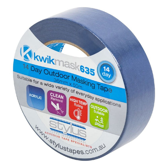 Kwikmask 635 Blue 14 Day Outdoor Masking Tape - 36mm x 50m - Pack and Stick