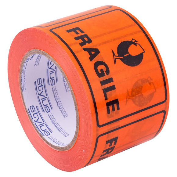 Stylus SP500 Printed Linerless Label Tape - FRAGILE - Black on Orange - 75mm X 50m - Pack and Stick