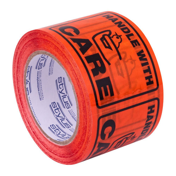 Stylus SP500 Printed Linerless Label Tape - HANDLE WITH CARE - Black on Orange - 75mm X 50m - Pack and Stick