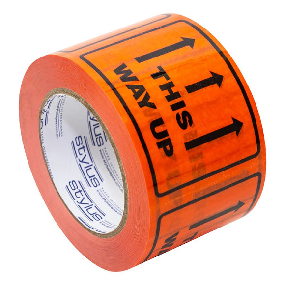 Stylus SP500 Printed Linerless Label Tape - THIS WAY UP - Black on Orange - 75mm X 50m - Pack and Stick